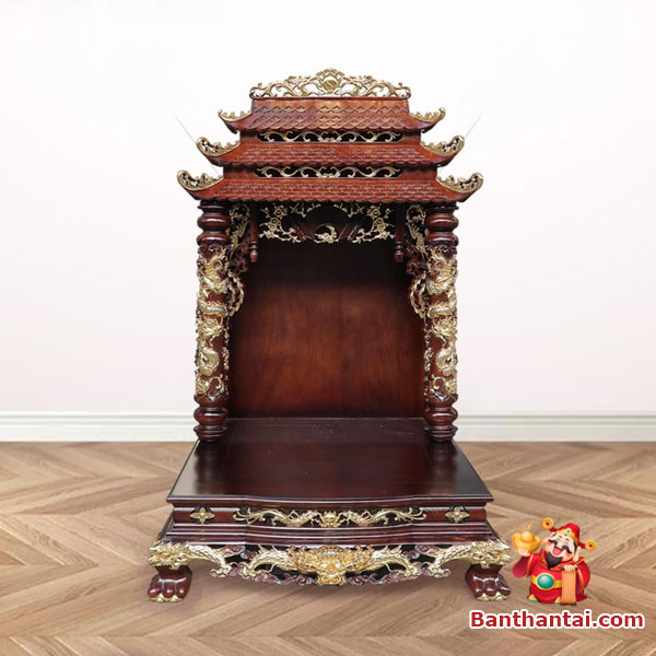 Bàn thờ Thần Tài song long cổ tự gỗ hương btt-mc002 nổi bật với kiến trúc cổ kính, họa tiết tinh xảo