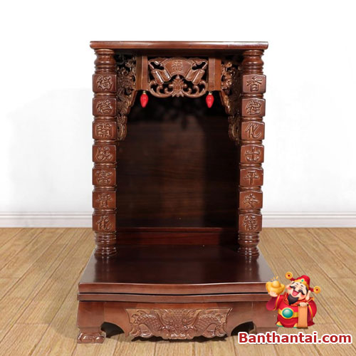 Bàn Thờ Thần Tài Thổ Địa Mái Bằng Trụ Chữ btt-mb019 làm từ gỗ xoan màu óc chó
