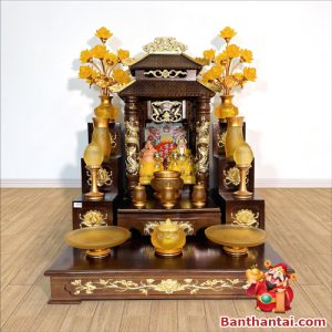 Hình ảnh chính diện bộ ban Thần Tài Song Long Cổ Tự dát vàng BTT721
