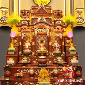 Bộ ban thờ Ông Địa ba gian đồng vân đá nâu đỏ BTT767