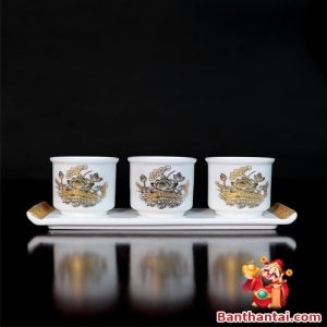 Bộ Chén Thờ 3 Chiếc Gốm Trắng Hoạ Tiết Sen Vàng