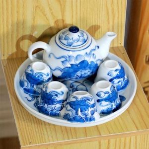 Khay trà sen vẽ men lam, cỡ nhỏ