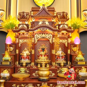 Bộ ban thờ Thần Tài ba gian đồng vàng chữ Phật BTT765