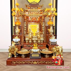 Bộ ban thờ thần tài đồng vàng chữ Phật lá sen BTT768