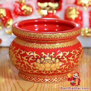 Bát hương gốm đỏ sen vàng