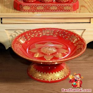 Đĩa bông gốm đỏ sen vàng