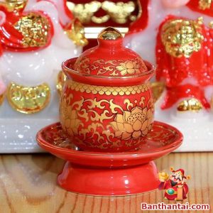 Chóe muối, gạo, nước thờ gốm đỏ sen vàng cỡ nhỏ