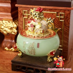Bộ ban thờ Thần Tài lưu ly ngọc xanh bọc đồng BTT764