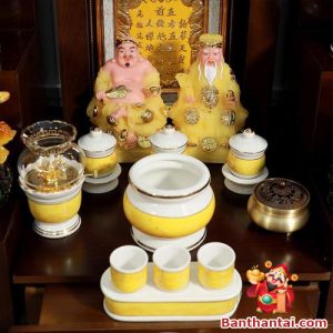 Bộ kỷ 3 chén gốm trắng thạch anh vàng