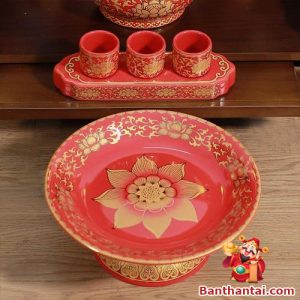 Đĩa bông gốm đỏ sen vàng