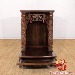 Ban Thờ Thần Tài Thổ Địa Song Long Mái Bằng, Gỗ Xoan, Kích Thước 48x56x68cm
