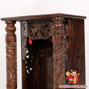 Ban Thờ Thần Tài Thổ Địa Song Long Mái Bằng, Gỗ Xoan, Kích Thước 48x56x68cm