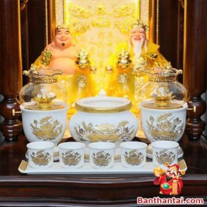 Chén Nước Bộ 5 Sứ Trắng Hoa Sen Vàng