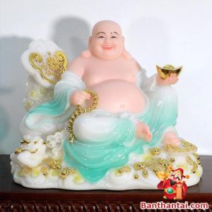 Tượng Phật Di Lặc như ý bằng bột đá xanh ngọc, cao 30cm