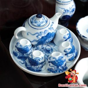 Khay trà sen vẽ men lam, cỡ nhỏ