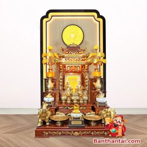 Hình ảnh đầy đủ bộ ban thờ thần tài cùng vách hậu với nhiều vật phẩm