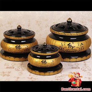 Lư trầm sứ viền vàng chữ Phật – thiết kế trang nghiêm, đốt trầm thư giãn