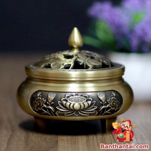 Lư trầm Thần Tài hoa sen khắc nổi lttt-024