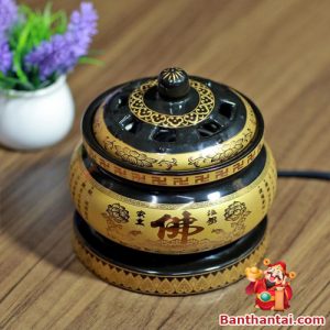 Lư xông trầm điện họa tiết Bát Nhã nổi bật với màu vàng đen sang trọng