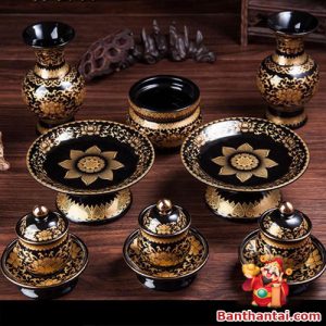 Trọn bộ đồ thờ gốm đen hoa sen vàng đồng bộ