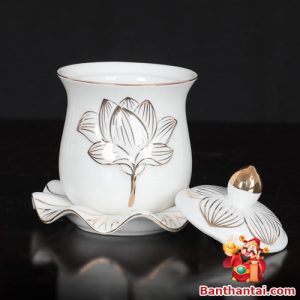 Ly nước thờ gốm trắng hoa sen viền vàng đầy đủ bộ ba