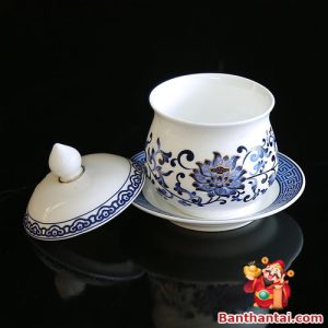 Chén nước thờ sứ trắng hoa sen xanh đầy đủ nắp và đĩa kê