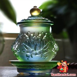 Chén thờ Thần Tài lưu ly màu xanh cttt-012