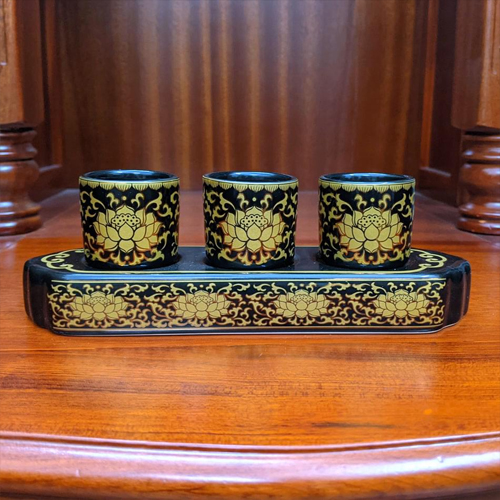 Hình ảnh bộ 3 chén nước bằng gốm đen sen vàng cttt-039