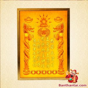 Bài vị Thần Tài Thổ Địa nền vàng, long phụng chầu mặt trời, tượng trưng tài lộc và cát khí