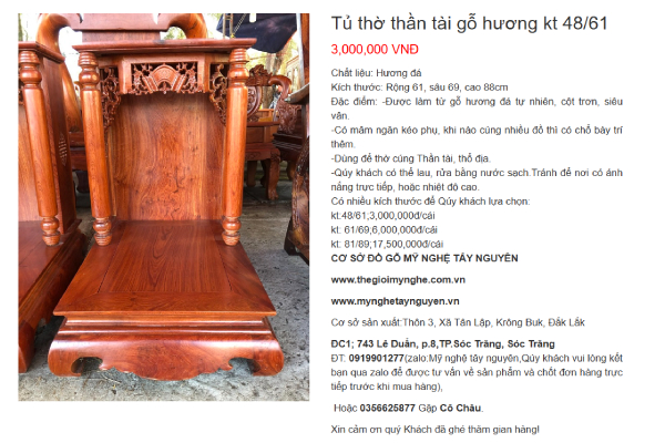 Một mẫu ban thờ Thần Tài được bán trên website của xưởng gỗ Tây Nguyên