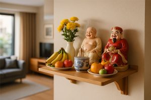 Theo quan niệm truyền thống bàn thờ Thần Tài không nên treo trên tường
