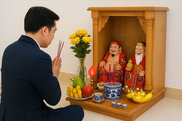 Thắp 1 - 3 nén nhang trên bàn thờ Ông Địa mang lại may mắn, tài lộc
